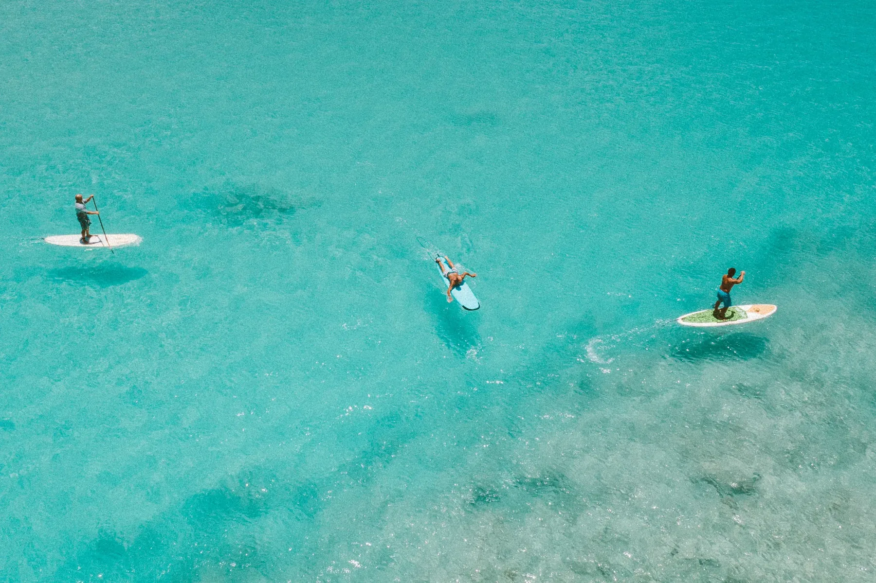 Paddleboarders moving across clear, blue-green water